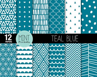 Teal Blue Pattern Scrapbooking Paper, Digital, Blue Green Boy Geometric Modern Chevron, Printable Sheets background - BUY 2 GET 1 FREE!