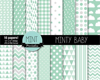 Mint Green Digital Paper, Gender Neutral Baby Shower Scrapbooking Papers, Patterned Paper, Printable Sheets, boy girl - BUY 2 GET 1 FREE!