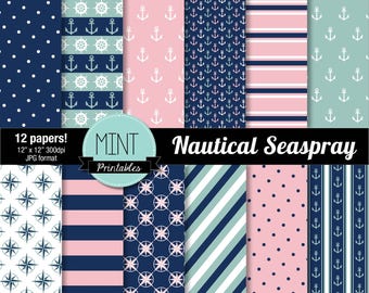 Nautical Digital Paper, Pink Blush Navy Green Scrapbooking Paper, Anchor, Patterned, Printable Sheets Sailing background - BUY 2 GET 1 FREE!