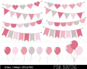 Bunting Clipart Clip Art, Birthday Clipart, Baby Girl Clipart, Balloons, Party invitation - Commercial & Personal - BUY 2 GET 1 FREE!