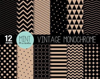 May include: A set of 12 digital paper patterns in black and beige. The patterns include polka dots, stripes, zigzags, and geometric shapes. The text "MINT Printables" and "Vintage Monochrome" are included in the image.