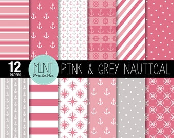 Nautical Digital Paper, Pink and Navy Scrapbooking Paper, Anchor, Patterned Paper, Printable Sheets, Sailing background - BUY 2 GET 1 FREE!