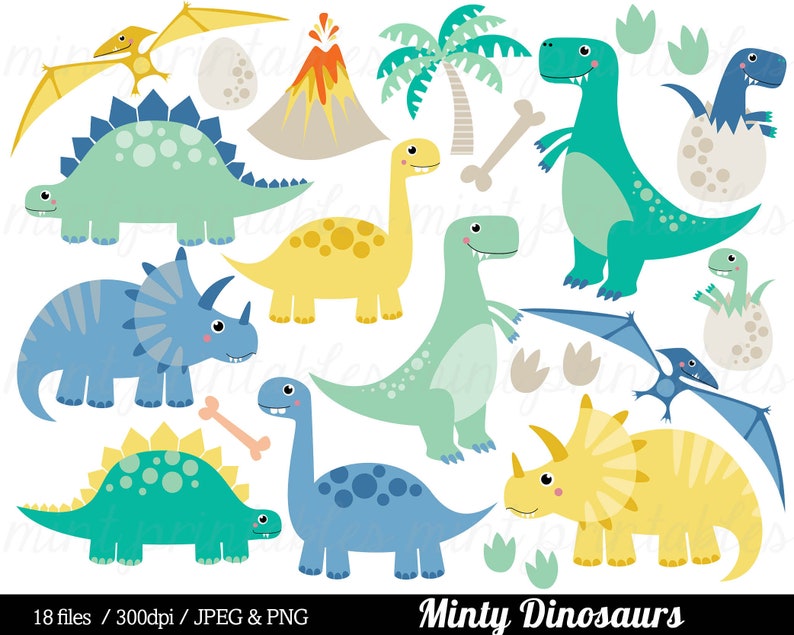 K&ouml;nnte beinhalten: Ein Set mit 18 digitalen Clipart-Bildern mit niedlichen, cartoonartigen Dinosauriern in verschiedenen Farben, darunter Blau, Gr&uuml;n, Gelb und Orange. Die Dinosaurier sind in verschiedenen Posen, darunter stehend, sitzend und fliegend. Der Text "Minty Dinosaurs" ist im Bild enthalten.
