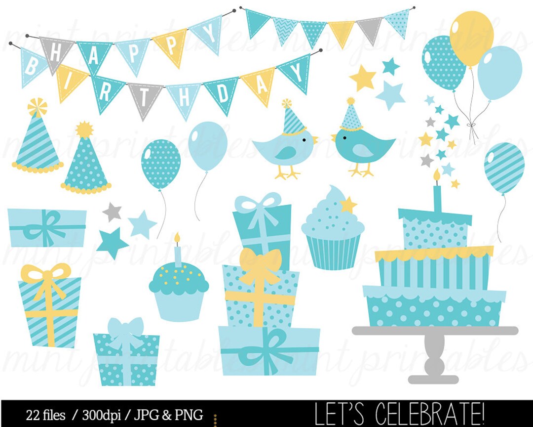Boy Birthday Clipart, Baby Blue Digital Clip Art, Bunting Clipart