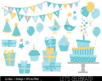Boy Birthday Clipart, Baby Blue Digital Clip Art, Bunting Clipart, Birthday Party, Cake - Commercial & Personal - BUY 2 GET 1 FREE!