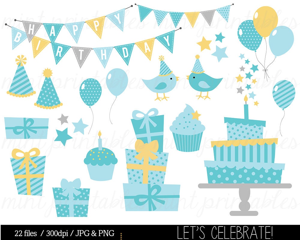 Boy Birthday Clipart, Baby Blue Digital Clip Art, Bunting Clipart