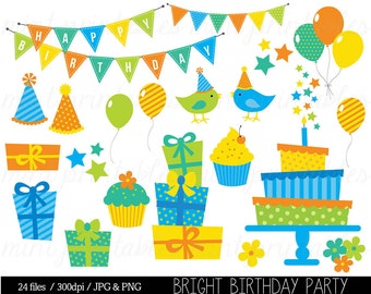 Clipart de cumpleaños, arte clip de cumpleaños, Bunting Clipart, fiesta de cumpleaños, pastel de cumpleaños, invitación - comercial y personal - comprar 2 obtener 1 GRATIS!