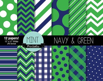 Navy Digital Paper for Scrapbooking, Invitations, Cardmaking - Navy and green, polka dots, chevrons, stripes, nautical - BUY 2 GET 1 FREE!