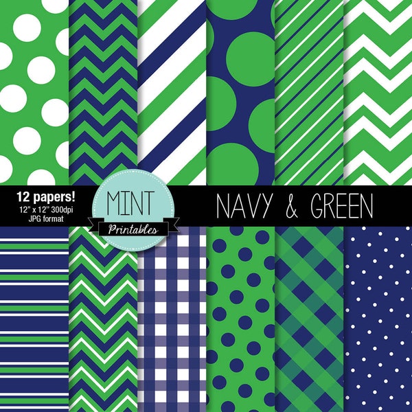 Navy Digital Paper for Scrapbooking, Invitations, Cardmaking - Navy and green, polka dots, chevrons, stripes, nautical - BUY 2 GET 1 FREE!