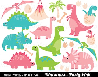 Dinosaur Clipart, Pink blue Dinosaurs Clip Art, T Rex Stegosaurus Triceratops Girl dino party - Commercial & Personal - BUY 2 GET 1 FREE!