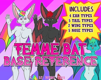 Bat Female Base Reference Sheet - Anthro Furry Art / instant download (customisable wings, ears, nose & tail) Feminine