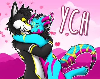 YCH Hugging Couple - Furry / Anthro / Fursona Con Badge - Custom Art Character Profile Image or Icon [YOUR CHARACTER]