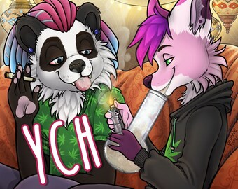 420 Couple YCH Smoking Bong - Furry / Anthro / Fursona Con Badge - Custom Art Character Profile Image or Icon [your character]