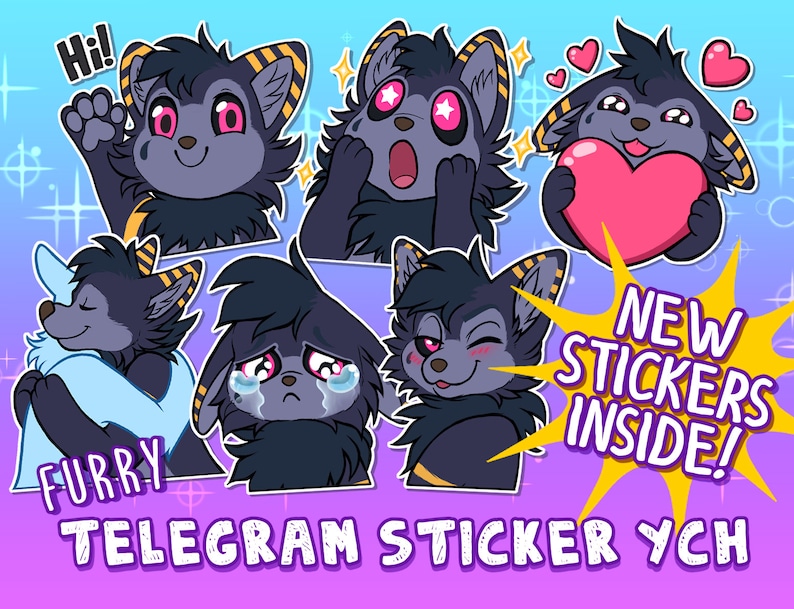 May include: A collection of furry Telegram sticker YCH illustrations. The stickers feature a cartoon wolf-like character in various poses, including waving, surprised, and holding a heart. The text "NEW STICKERS INSIDE!" is also visible.