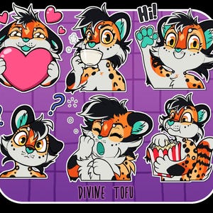 May include: A set of six cartoon stickers featuring a cheetah-like character in various poses. The character is orange, black, and white, with teal accents. One sticker shows the character holding a pink heart, and another has the word "Hi!"