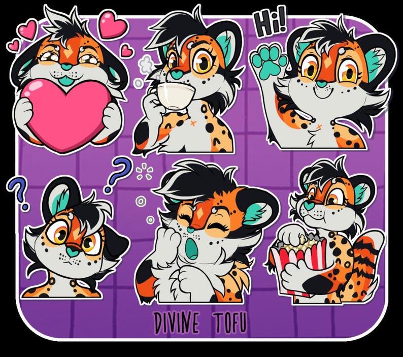 May include: A set of six cartoon stickers featuring a cheetah-like character in various poses. The character is orange, black, and white, with teal accents. One sticker shows the character holding a pink heart, and another has the word "Hi!"