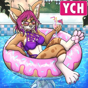 Könnte beinhalten: Illustration eines pelzigen Charakters mit rosa Haaren und Sonnenbrille, der sich in einem Pool auf einem rosa Donut-förmigen Schwimmer entspannt. Der Charakter trägt einen lila Bikini und hält einen Cocktail. Das Bild enthält den Text "YCH".