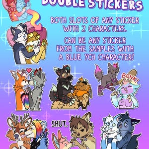 May include: A promotional image for double stickers featuring various cartoon animal characters in pairs. The text "DOUBLE STICKERS" is at the top, with details about the stickers below. The stickers showcase different animal pairings in various poses.