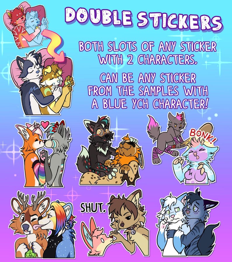 May include: A promotional image for double stickers featuring various cartoon animal characters in pairs. The text "DOUBLE STICKERS" is at the top, with details about the stickers below. The stickers showcase different animal pairings in various poses.
