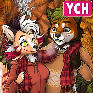Puede incluir: Dos personajes peludos, uno rojo y otro blanco, llevan bufandas de cuadros rojos y negros, se encuentran en un entorno de bosque con hojas de otoño. El personaje rojo lleva un suéter marrón con un patrón geométrico. El personaje blanco lleva una sudadera roja. La palabra "YCH" está en la esquina superior derecha de la imagen.