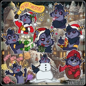 May include: A collection of cartoon stickers featuring a purple wolf-like character in various Christmas and New Year's themed poses. The stickers include the phrases "Merry Christmas!" and "Happy New Year!" The character is wearing Santa hats, holding gifts, and building a snowman.