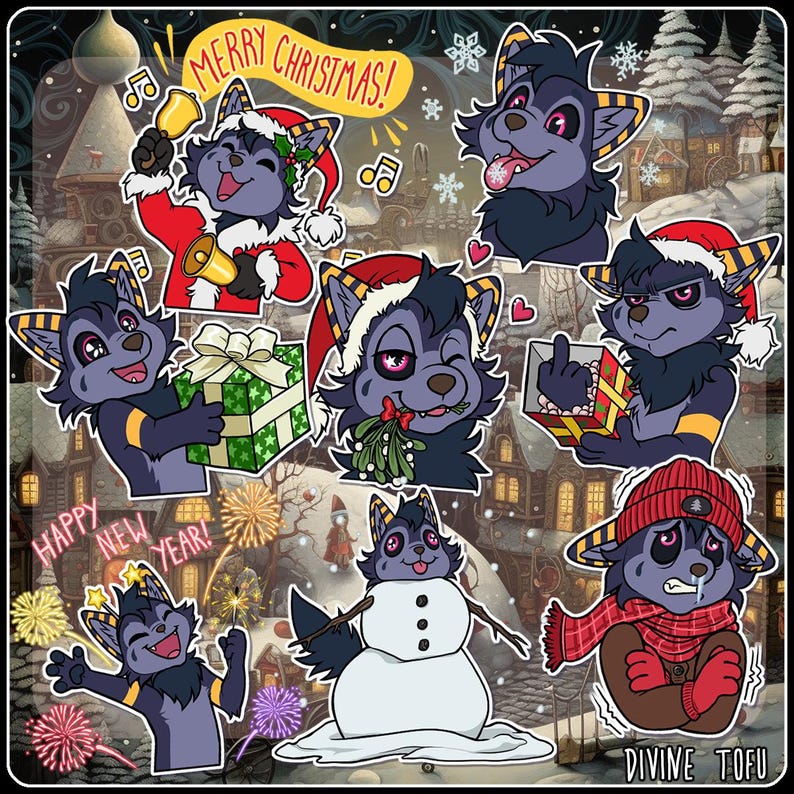 May include: A collection of cartoon stickers featuring a purple wolf-like character in various Christmas and New Year's themed poses. The stickers include the phrases "Merry Christmas!" and "Happy New Year!" The character is wearing Santa hats, holding gifts, and building a snowman.