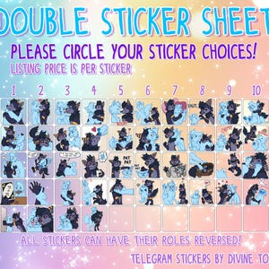 May include: A double sticker sheet with various cartoon character illustrations. The sheet features the text "DOUBLE STICKER SHEET" and "PLEASE CIRCLE YOUR STICKER CHOICES!". Each sticker has a unique design, with the text "LISTING PRICE IS PER STICKER".