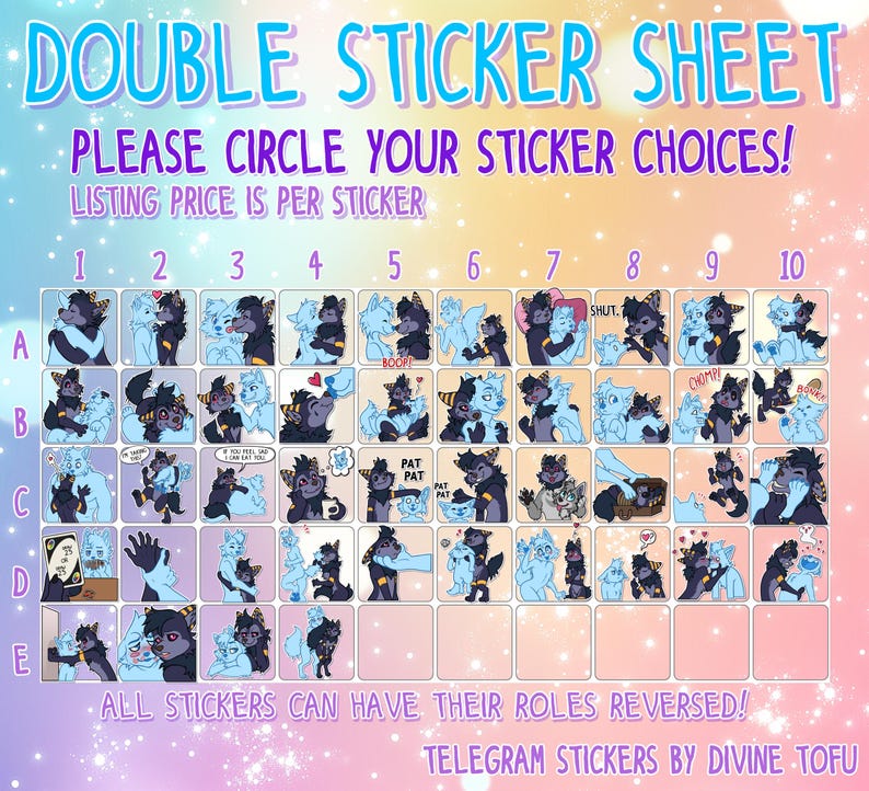 May include: A double sticker sheet with various cartoon character illustrations. The sheet features the text "DOUBLE STICKER SHEET" and "PLEASE CIRCLE YOUR STICKER CHOICES!". Each sticker has a unique design, with the text "LISTING PRICE IS PER STICKER".
