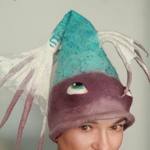 Handmade Felted Fish Hat I Unique Turquoise & Purple Costume Headpiece I Fantasy Sea Creature Hat for Halloween and Festivals