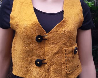 Boho style wool felted vest Art to wear Mother's day gift Original short yellow  vest Unique gift Light warm wool vest Felt art Felt fashion