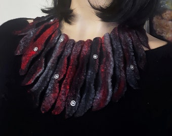 Handmade Merino Wool Felt Statement Necklace, Red & Black Fiber Art Collar