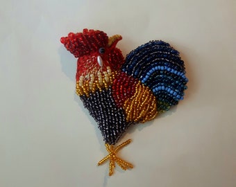 Bead embroidered brooch Cute handmade Rooster brooch Contemporary art Multicolor bird brooch Gift for her Original pin Unique gift