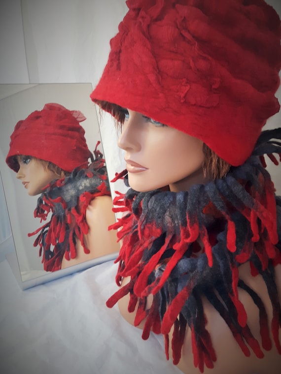 Artsy Red Wool Contemporary Felted Winter Hat Red Wool Felted Hat, Handmade Boho Winter Beanie - Etsy Ireland main image 2