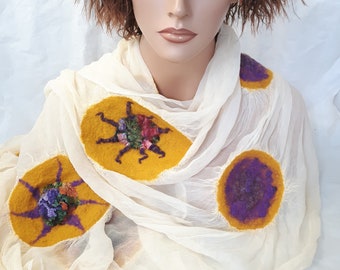 Elegant wool felted scarf in yellow beige and purple colors, Contemporary scarf, Mother's day gift Original evening silk shawl Unique gift