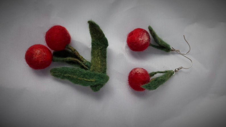 Set wool felted earrings and brooch Red cherries on green leaves Art to wear Mother/'s day gift Felt art Felt fashion Unique gift Jewelry set