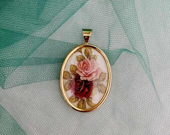 Vintage oval pendant featuring a romantic rose floral design, Rare Find