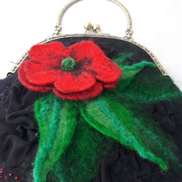 Handmade bag Wool felted handbag Black felt bag with flower Women's ethnic purse with poppy Designer bag Mother's day gift Small cute purse