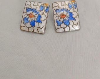 Vintage Enamel Earrings • Blue Floral Square Earrings • Hand Painted Jewelry • Collectible Retro Jewellery