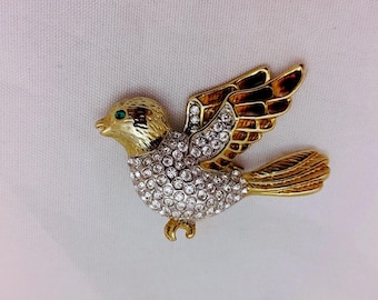 Vintage Rhinestone Bird Brooch Gold Tone Enamel Flying Bird Statement Jewelry