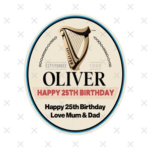 Personalised Guinness bottle label sticker with custom name and occasion text, perfect for birthdays, weddings, parties, and unique fun gifts.