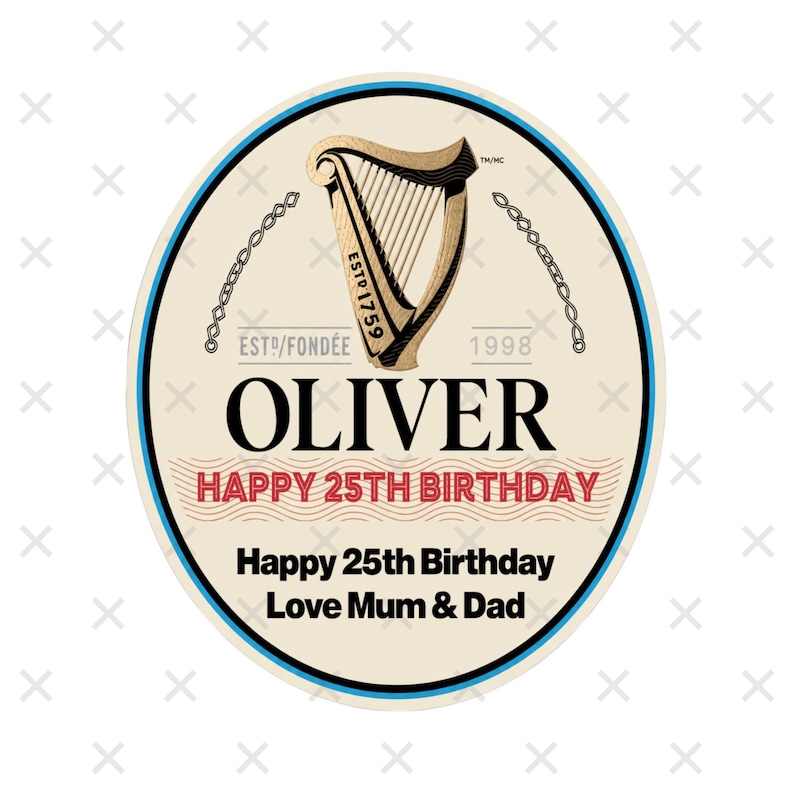 Personalised Guinness bottle label sticker with custom name and occasion text, perfect for birthdays, weddings, parties, and unique fun gifts.