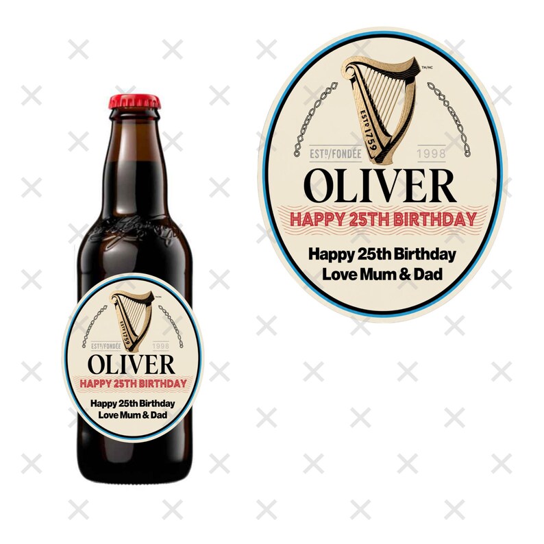 Personalised Guinness bottle label sticker with custom name and birthday message, perfect for parties, weddings, celebrations, and unique fun gifts.