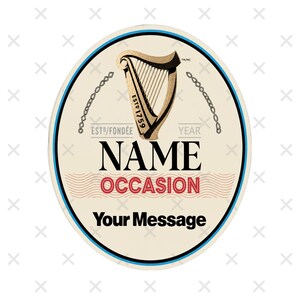 Personalised Guinness bottle label sticker with custom name and birthday message, perfect for parties, weddings, celebrations, and unique fun gifts.
