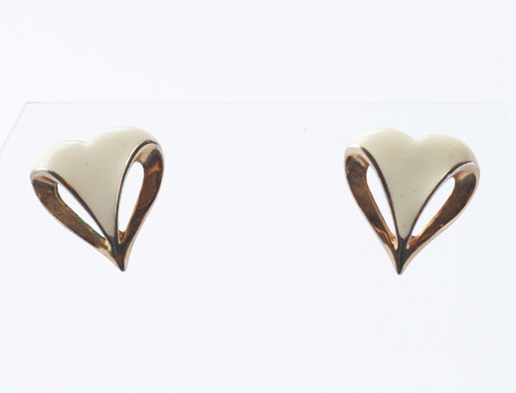 Beige and Gold Tone Enamel Heart Earrings - image 2