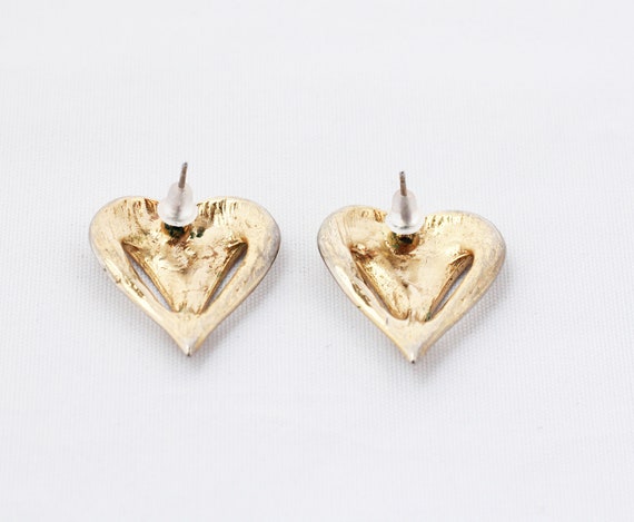 Beige and Gold Tone Enamel Heart Earrings - image 4