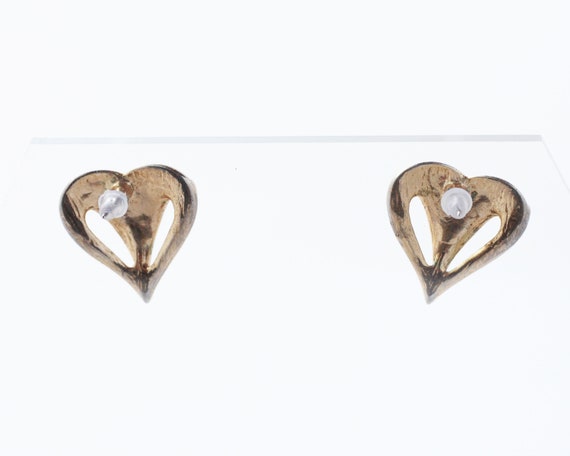 Beige and Gold Tone Enamel Heart Earrings - image 3