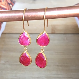 Genuine ruby gemstone 22k goldplated earrings, artisanal jewelry, bijoux, christmas gift, love, her, pink earrings, birthstone, ruby, mom