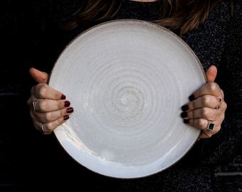 White Ceramic Plate, Pottery Handmade Plate, Speckled Dinner Plate