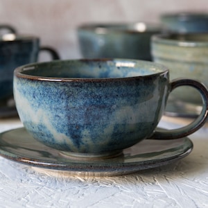 Pottery Cappuccino Cup and Saucer, Blue and White image 3