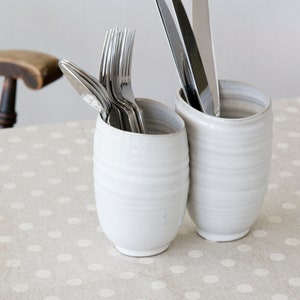 Ceramic Utensil Crock, White Kitchen Utensil Holder, Rustic Countertop Decor, Gift for Cook image 1